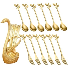 Gold Mini 13-Piece Swan Spoon Holder Set with Spoons and Forks for Coffee, Te...