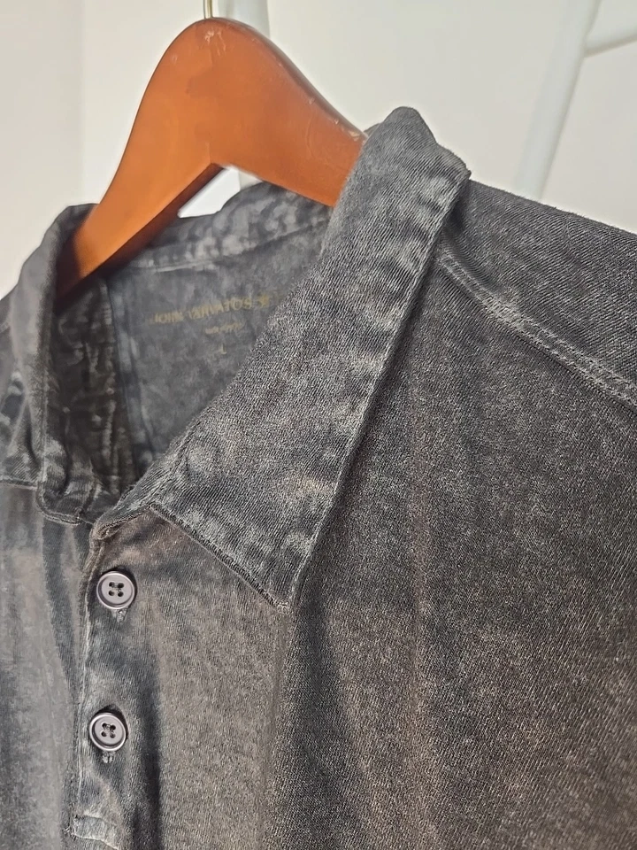 Camisa Polo John Varvatos Para Hombre Talla L Negra Mármol Tie Dye Lavado Manga Corta Foto 4 de 4