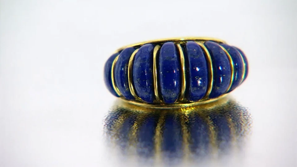 925 Sterling Silver Gold Plated Carved Natural Lapis Lazuli Domed Ring Size 7 - Image 4 of 4