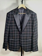 NWT Manuel Ritz XXL/EU 58 Navy Satin/Tartan Plaid Formal Jacket