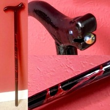 Vintage Black  Red Lacquer Cane Walking Stick Dragon Head Glass Bead 35"