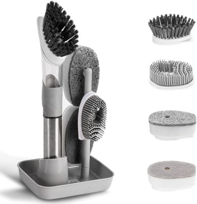 4-In-1 Dish Cleaning Brush Soap Dispensing Dish Brush Set with 4 Heads and Stora