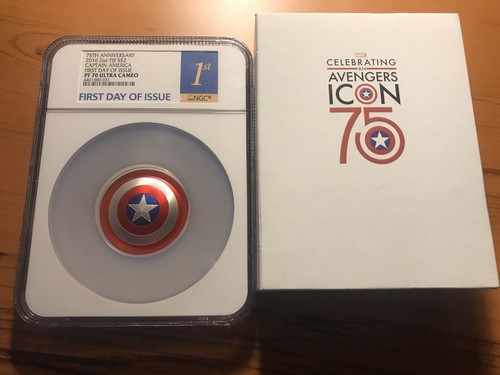 2016 Marvel CAPTAIN AMERICA SCUDO - 2 OZ. MONETA A FORMA DI CUPOLA - NGC PF70 PRIMO GIORNO - Foto 2 di 11