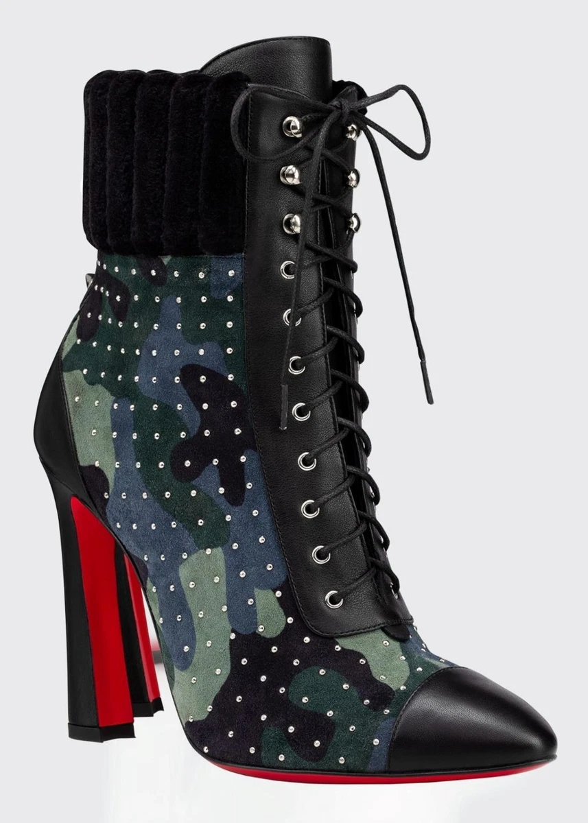 Christian Louboutin DAKITA 100 Studded Spike Camo Suede Boots Heel Booties  $1590