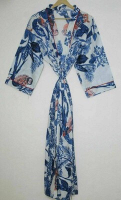 Kimono Accappatoio In Cotone Indiano Stampato Blu Gufo, Maxi Gonna, Taglia Unica