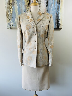 LE SUIT Women 2PCS Floral Beige Gray Orange Skirt Suit Size