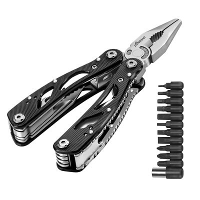 Multitool Pliers Set Stainless Steel 11 Screwdriver Bits Black Durable