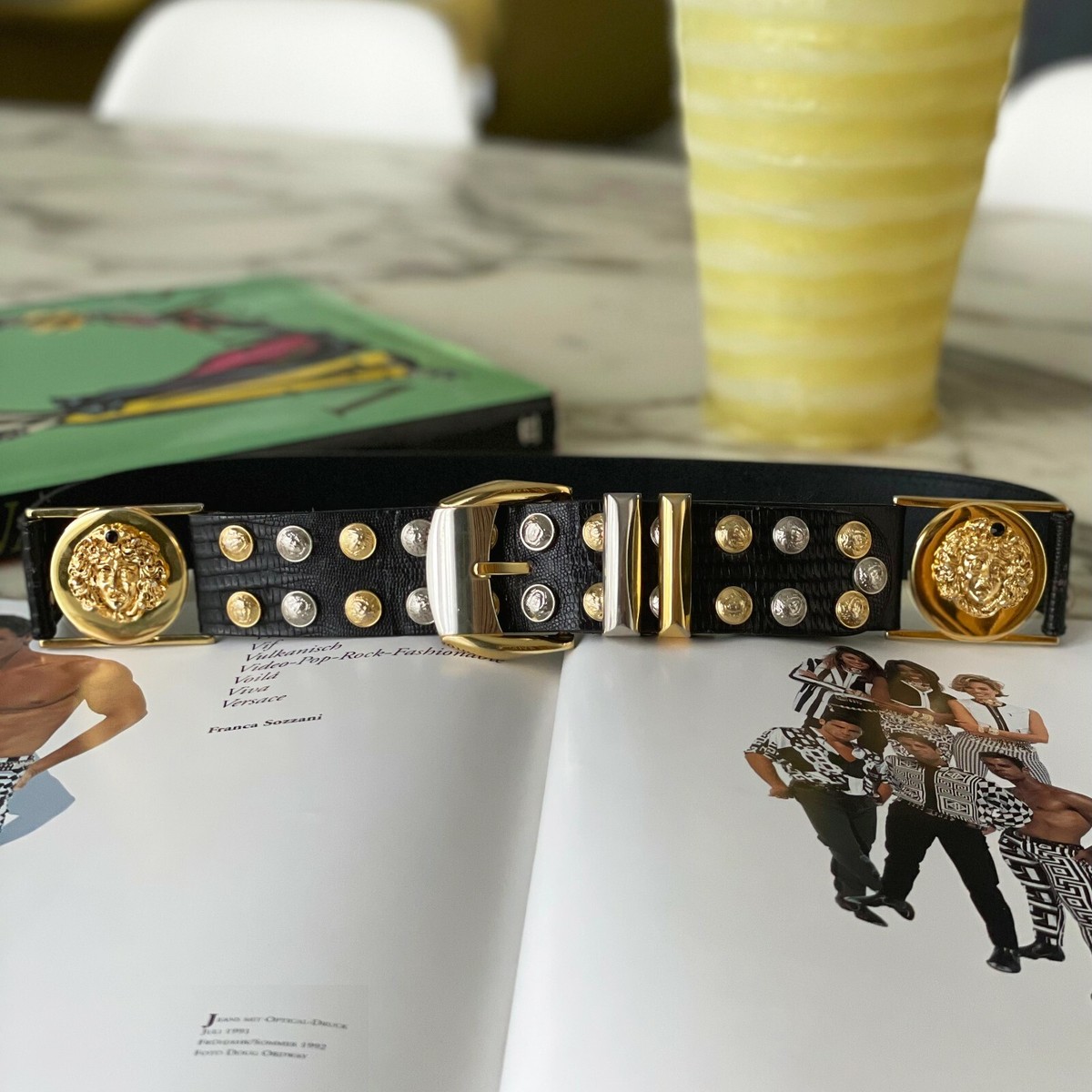 GIANNI VERSACE dual tone belt black studded Medusa head 80