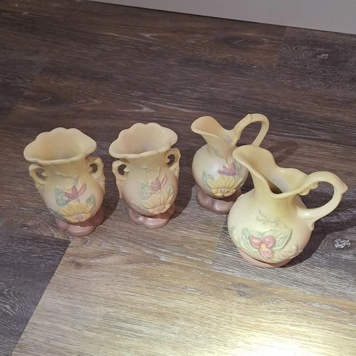 Hull Ceramic Art Pottery Floral Decorative Vase Set Yellow Pink Green Matte