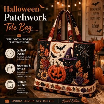 Women's Quilted Tote Bag Witch Cat Pumpkin Halloween Shoulder Handbag Large Gift