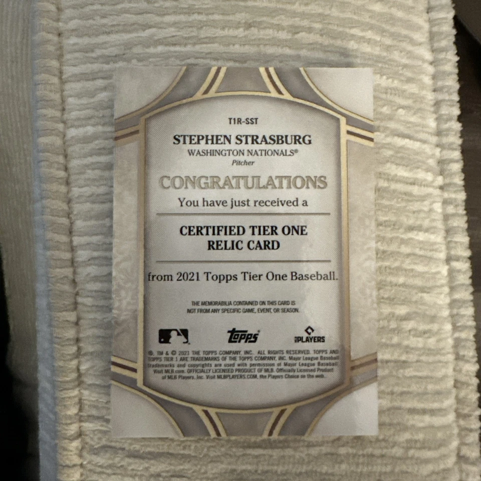 STEPHEN STRASBURG 2021 TOPPS TIER ONE PATCH BASEBALL NATIONALS /299 - Image 2 of 2