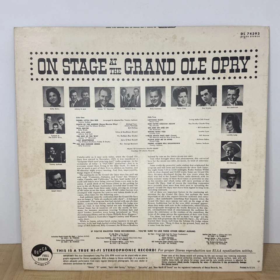 On Stage Grand Ole Opry Vinyl Record Decca DL 7439 Patsy Cline ect. 1960s - Image 2 of 4