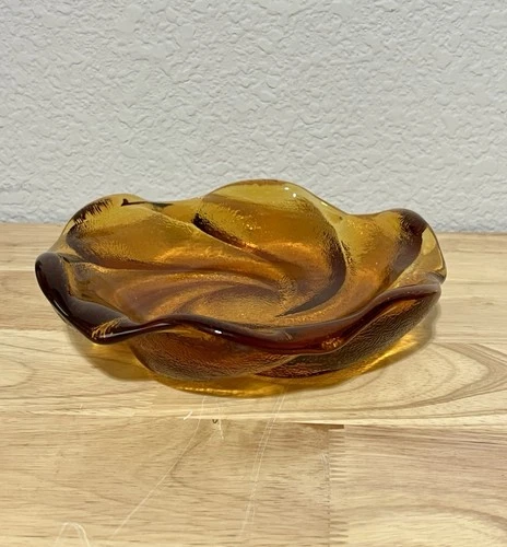 Vintage Fenton Amber Swirl Ashtray / Candy Trinket Dish, Heavy Art Glass 7.5”