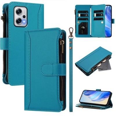 Redmi Note 11T Pro+ / Poco X4 GT Ledertasche Türkis, 9 Steckplätze, Reißversc...
