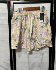 Women  s Beige Floral Drawstring Shorts L/XL NWT Elastic Waist Summer Casual