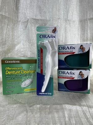 ORAf ix Denture Care Kit Bundle 2 Bath Cups Brush Cleanser Tablets NEW **Read