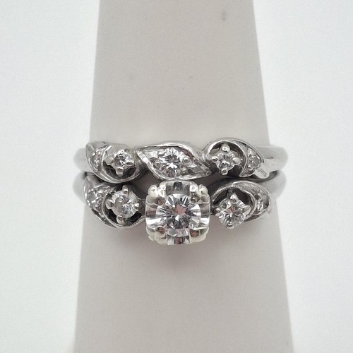 Vintage Signed GOMEZ 14K White Gold Round Diamond Wedding Bridal Ring Set s 5.75
