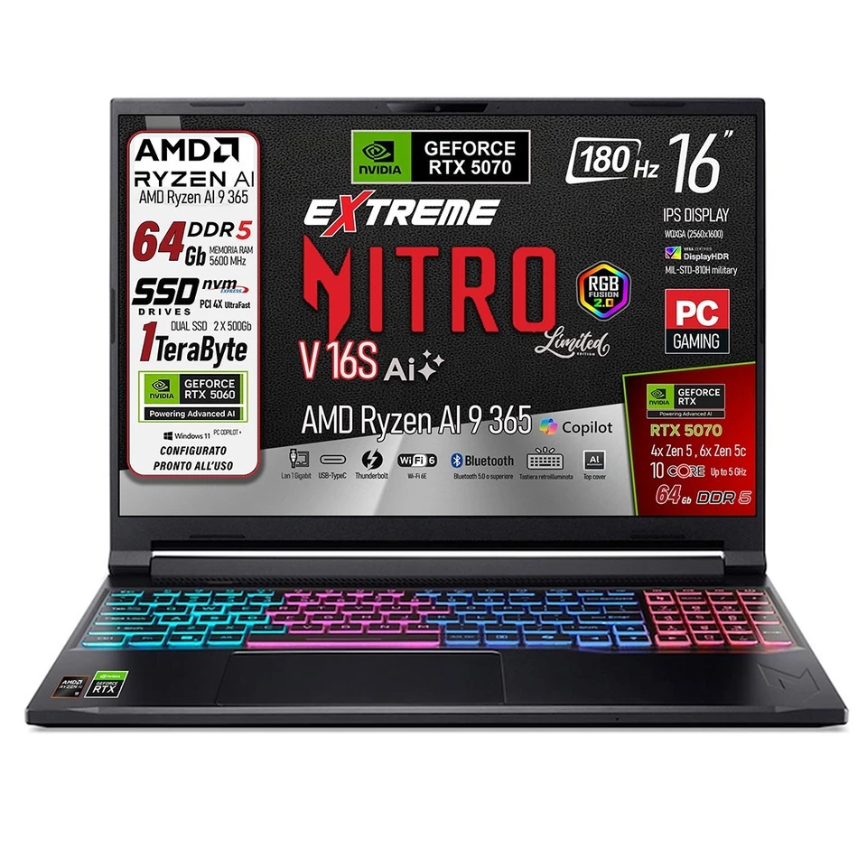 Acer Nitro V 16S AI Notebook,  AMD Ryzen 9 365 AI, 5GHz, DDR5 RAM 64 G, RTX 5070