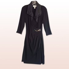 Joseph Ribkoff Black Faux Wrap Evening Dress Plunge Neck Buckle Double Collar 10