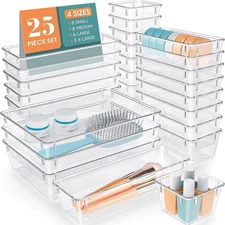 25PCS Clear Drawer Organizer Set | 4 Sizes Plastic Storage Bins for Makeup Jewel