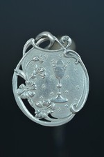 French antique Religious Medal Pendant Communion Chalice silver flowers & lily