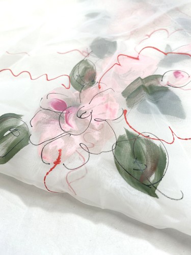 Vintage 1960s Sheer White Valances Curtains 4 Made Japan Hand Painted Pink Red - Picture 7 of 11