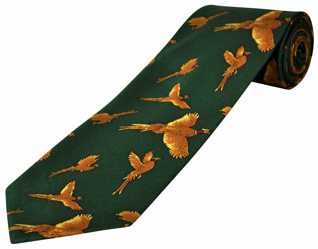 THE TIE STUDIO - Golden-Brown Flying Pheasants on Green Country Men's Silk Tie