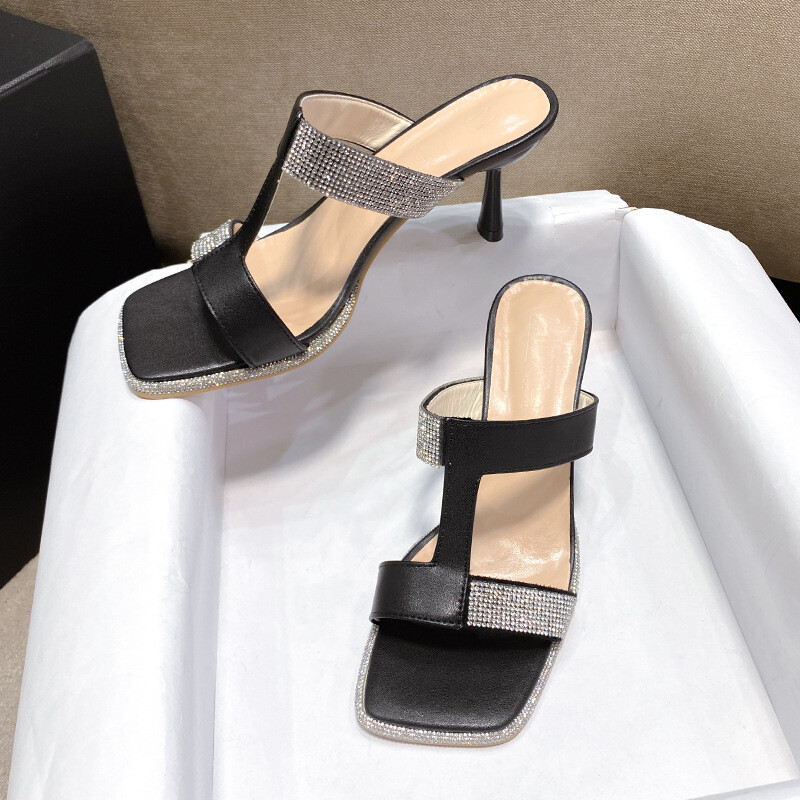 PANTOFOLA D’ORO Nuove ciabatte donna stiletto strass slip on scarpe quadrate punta aperta sandali USA