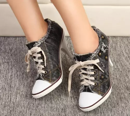Womens Canvas Shoes Denim High Heels Rivets Shoes Pointy Toe Sneakers Pumps Chic - Picture 6 of 9