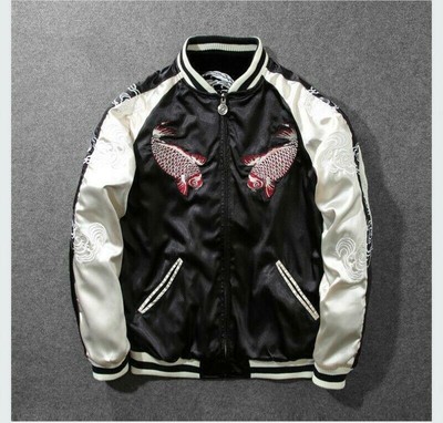 Mens Reversible Japanese Yokosuka Embroidered carp Long sleeve Baseball Jackets