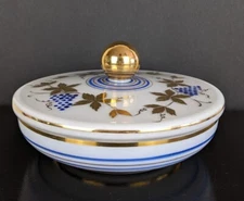 Vintage Glass Covered Dish Gold Painted Grape And Stripe Pattern