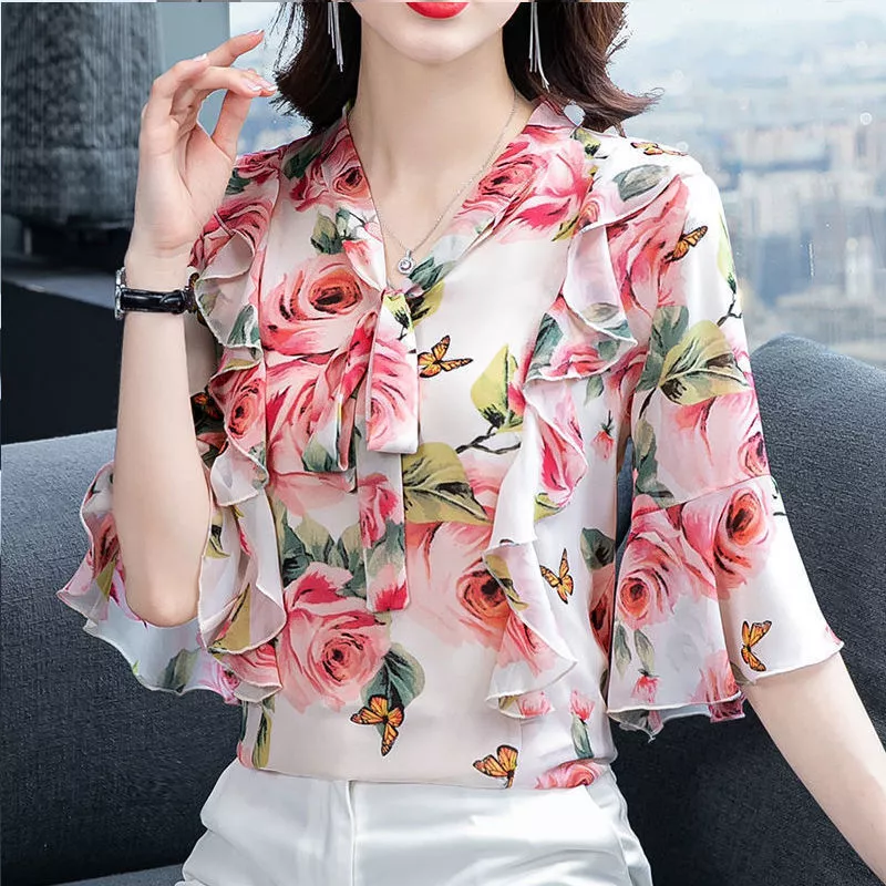 Summer Large Size Floral Top Women Chiffon Shirt Blouse Tops Casual Shirts