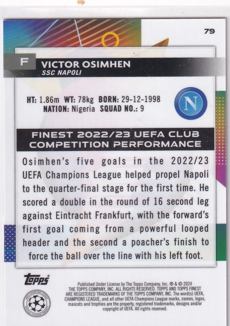 Topps Finest Champions League 2024 No. 79 Victor Osimhen Aqua 71
