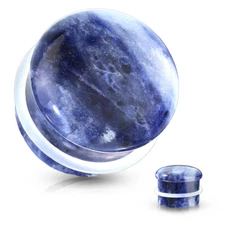 Pair of Sodalite Semi Precious Stone Domed Single Flare Earring Plugs w/ O Rings