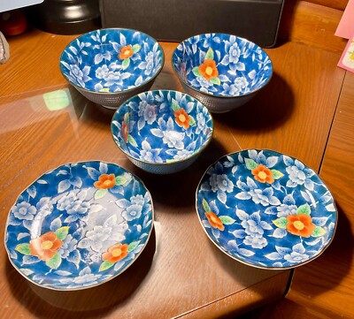 Vintage Set Japanese Arita Juzan-Gama Namazu Porcelain Peony  3 Bowls 2 Plates