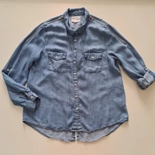 Olive & Oak Roll Tab Long Sleeve Shirt Denim Blue Button Up Shoulder Zip-Up Sz M