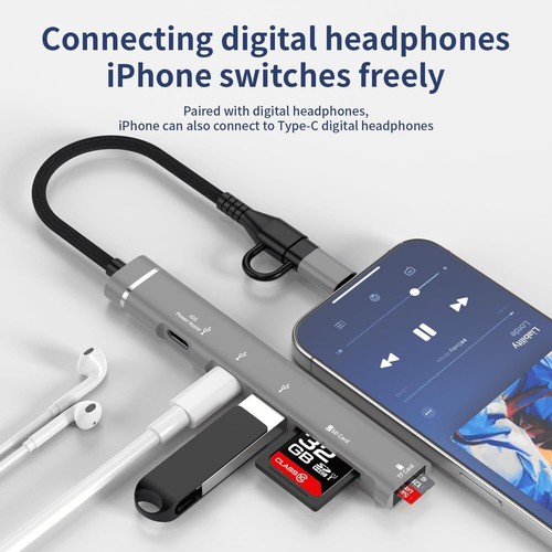 Type-C to USB Hub 5 in 1 TF/SD Card Reader USB-C Charging Port IOS Power Assist - Picture 4 of 5