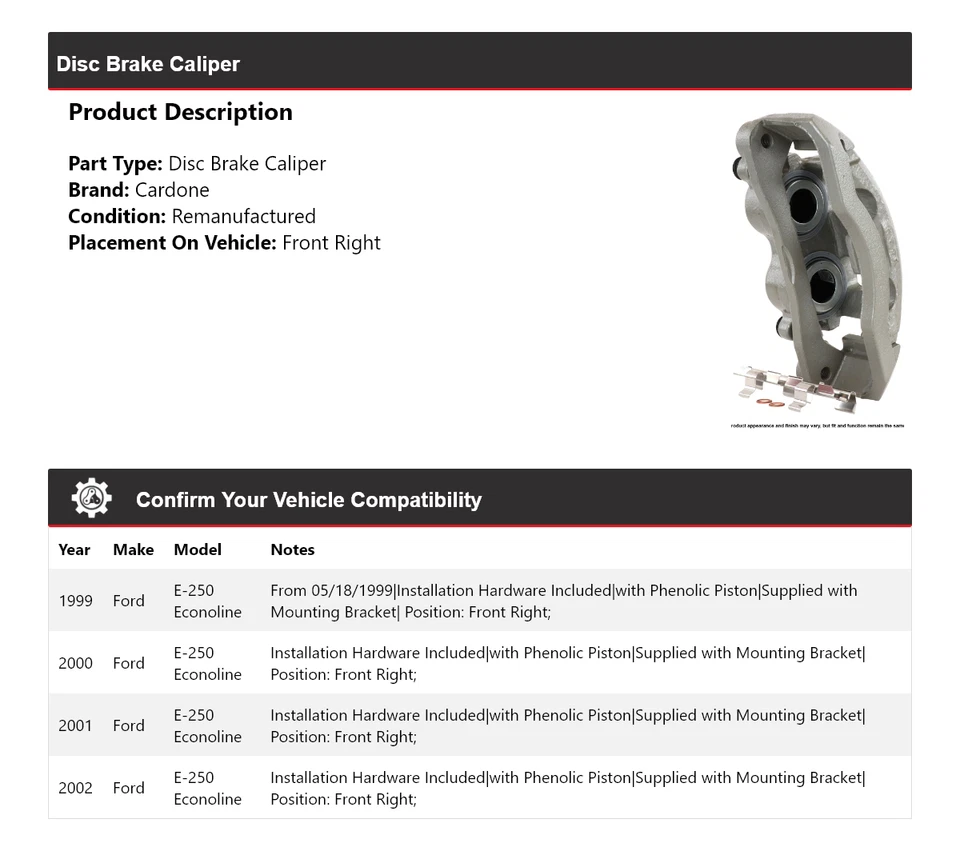 Pinza de freno de disco delantera derecha Cardone 2000 para Ford E-250 Econoline 1999-2002 Foto 2 de 4