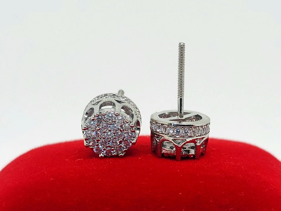Men’s Micro Pave Rhodium Plated Iced Cz Round Shape Stud Screw Back Earrings - Imagem 3 de 4