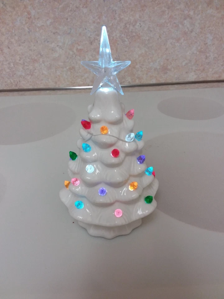 White Ceramic Multi-colored Light Up Christmas Tree with Star Topper 8" tall - Image 3 of 4