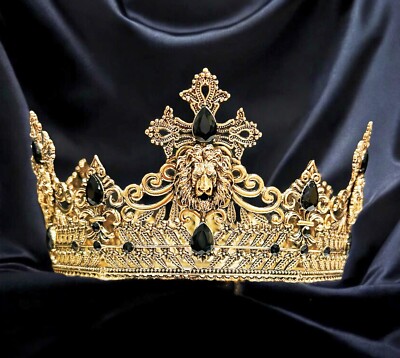 Vintage Lion King Crown, Black Crystal Crown for Groom, Prom Crown, Gold Crown