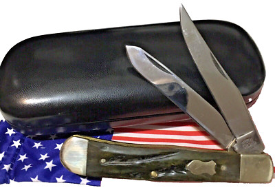 Vintage UTICA CUTLERY Jigged  Bone Full Size Trapper Pocket Knife MADE IN U.S.