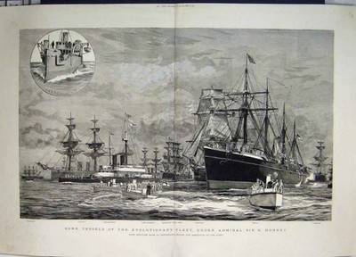 Antiker alter Druck 1885 Schiffe Evolutionsflotte Admiral Sir Hornby Sultan 19.