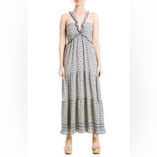 Max Studio MEDALLION HALTER MAXI DRESS IN NAVY/ Cream