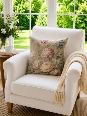 Deko Kissen mit Füllung Blumen Beige Pastell Farben 45cm Clayre & Eef Romantik