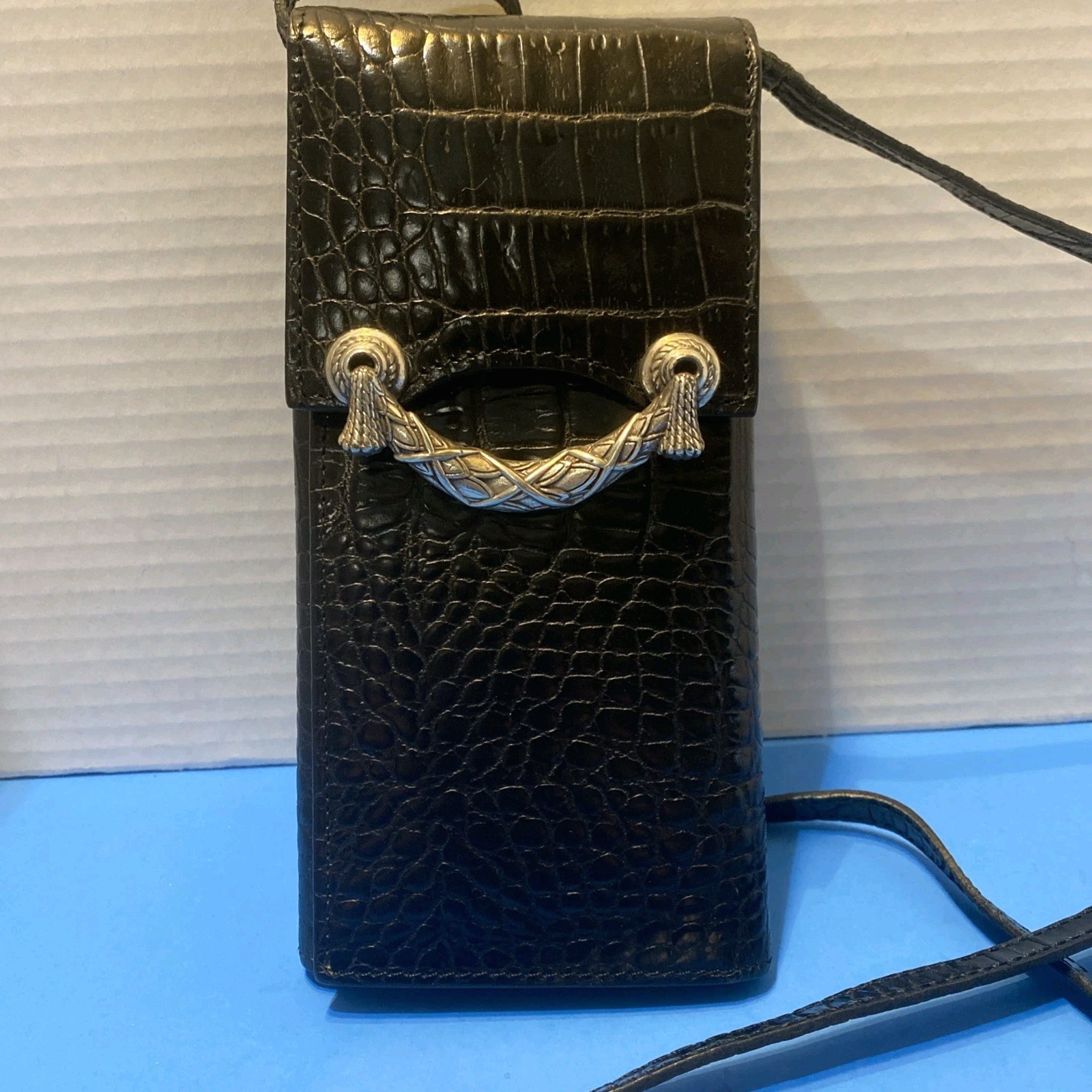 Vintage Brighton Cross-body Wallet Black Croc Leather Detachable strap Organizer