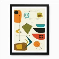 Mid Century Modern Abstract Shapes  Framed Wall Art Poster Canvas Print Picture