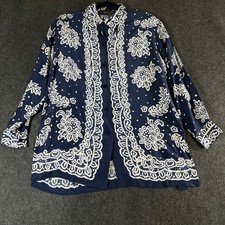 Bob Mackie Wearable Art Navy Blue 100 Silk Floral Paisley Button Down Shirt M