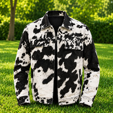 Black White Cowhide Leather Jacket, Western Cowboy Trucker Coat, Genuine Hair On