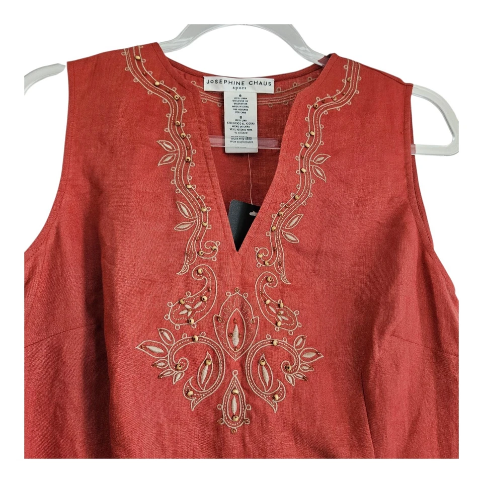 Blusa Josephine Chaus NUEVA CON ETIQUETAS Para Mujer 8 Top Lino Bordado Sin Mangas Ladrillo Verdadero Foto 3 de 4